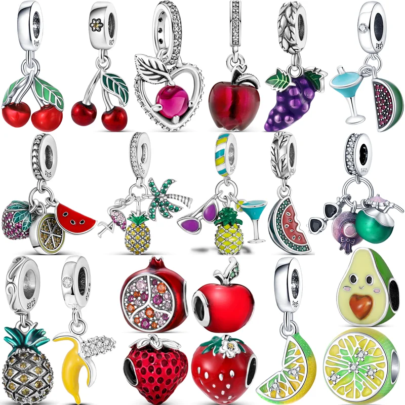 

925 Silver Cherry Apple Grape Pineapple Lemon Strawberry Watermelon Fruit DIY Beads Fit Original Pandora Charms Bracelet Jewelry