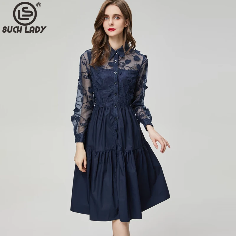 

Women's Runway Dresses Turn Down Collar Long Sleeves Emboridery Lace Patchwork Fashion High Street Casual Vestidos