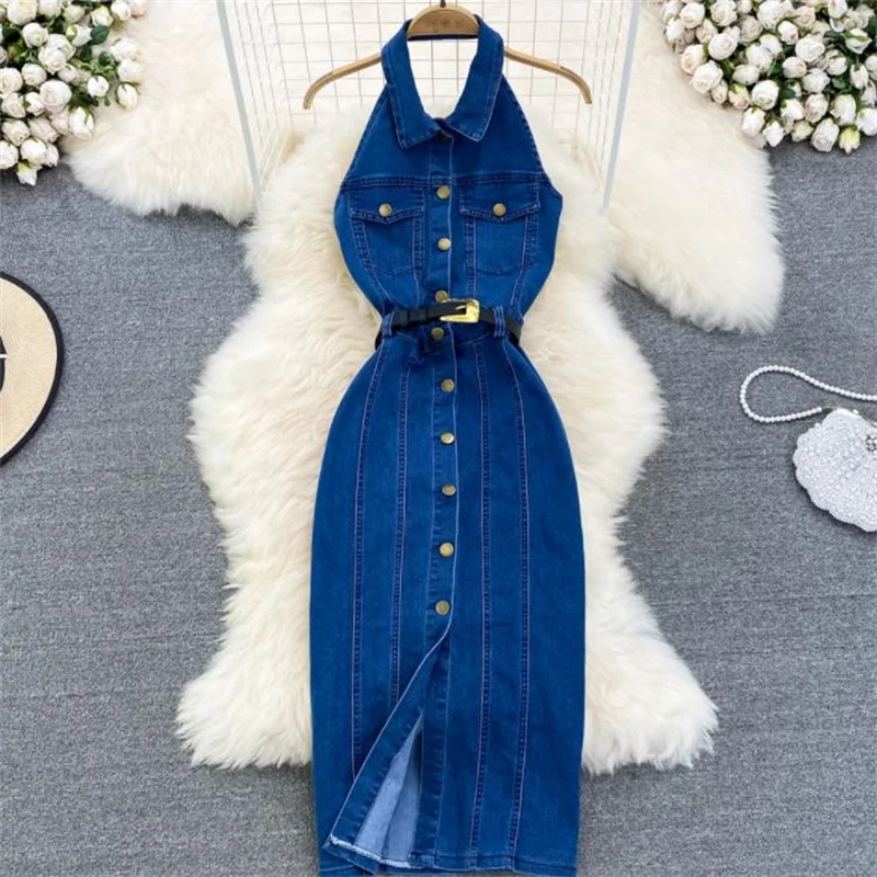 Summer new lapel single-breasted backless sleeveless denim dress elegant long women
Summer new lapel single-breasted backless sleeveless denim dress elegant long women