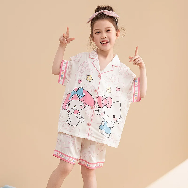 

Sanrios Kid Hello Kitty Parent-Child Pajama Set Cinnamoroll Kuromi Cartoon Short-Sleeved Nightwear Cute Homewear Anime Girl Gift