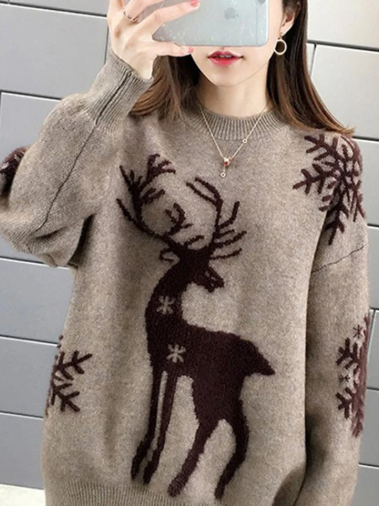 

2023 рождественские свободные вязаные свитера для женщин, пуловер, Осень-зима, теплая Повседневная трикотажная одежда, универсальные мягкие футболки для женщин
