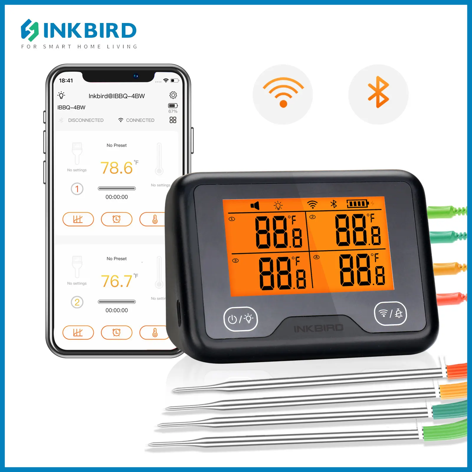 INKBIRD IBBQ-4BW Wi-Fi Grill Thermometer Rechargeable Wireless Digital Meat Thermometers with 4 Probes for Oven Kitchen Drum
INKBIRD IBBQ-4BW Wi-Fi Grill Thermometer Rechargeable Wireless Digital Meat Thermometers with 4 Probes for Oven Kitchen Drum