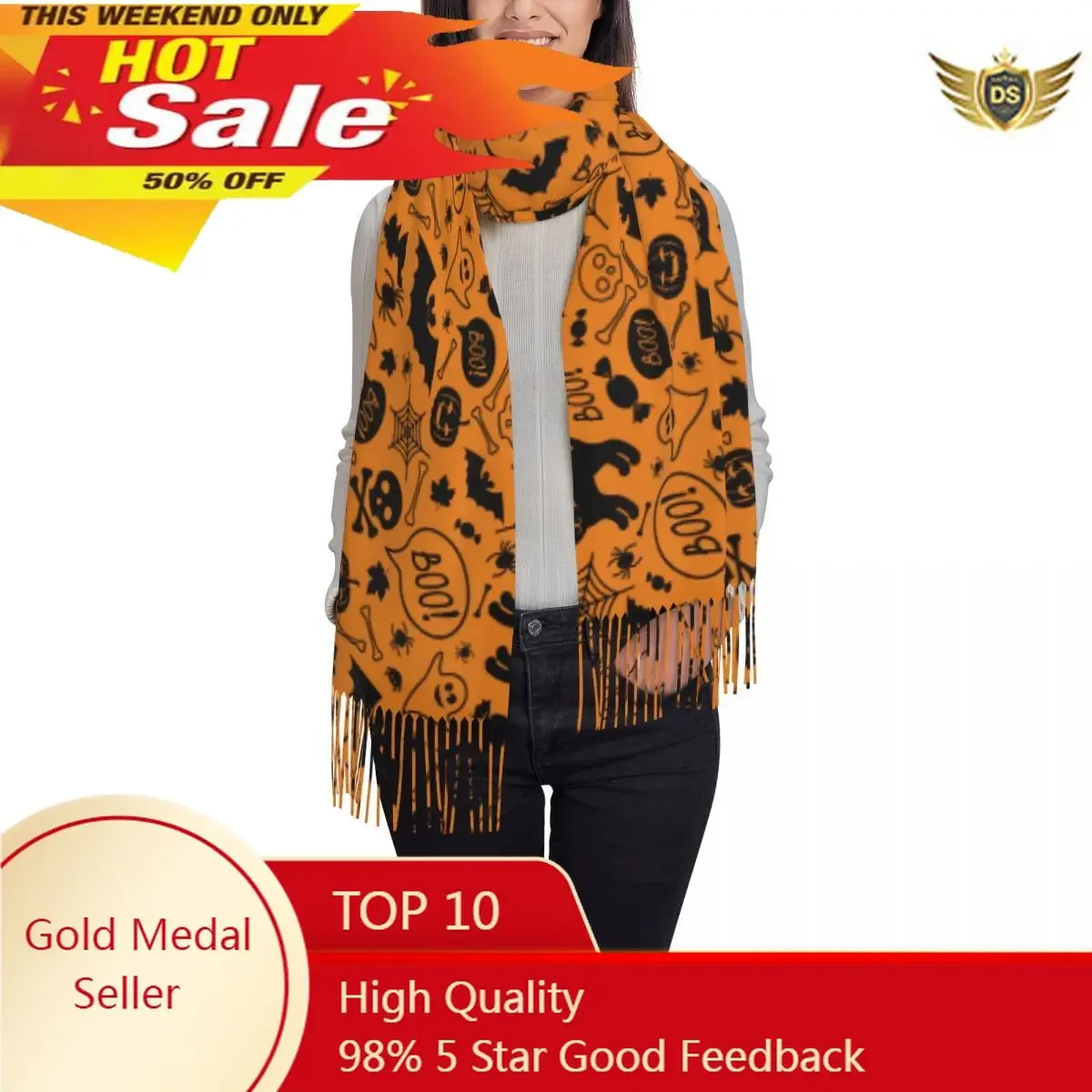 

Winter Scarf Women Thin Warm Shawl Wrap Halloween Cat Pumpkins Skulls Bats Element Tassel Lady Blanket Echarpe Bufanda Hijab