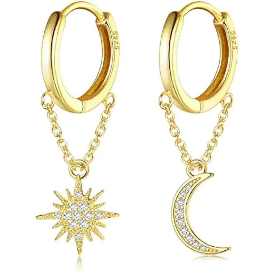 

Fansilver 925 Sterling Silver Chain Hoop Earrings for Women Cute Star Moon Dangle Minimalist Small Huggie Hoop Earrings