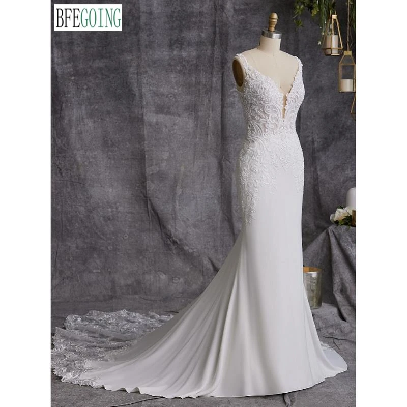 

Ivory Lace Crepe Mermaid/Trumpet Wedding Dresses Chapel Train Custom Made V-Neck Sleeveless Floor-Length Bridal Gowns