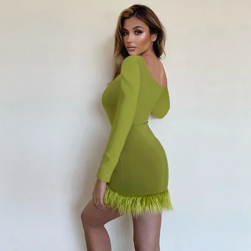 

2024 Autumn/Winter Sexy Party Dress Tank Top Women's Fashion Fur Hem Long sleeved Diagonal Neck Tight Midi Dress CSM42YY