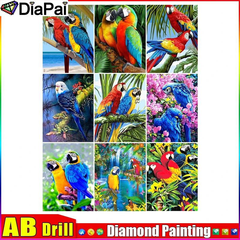 

DIAPAI AB Diamond Painting Cross Stitch "Parrot Flower Scenery"5D DIY Diamond Embroidery Full Square/round Rhinestone Of Picture