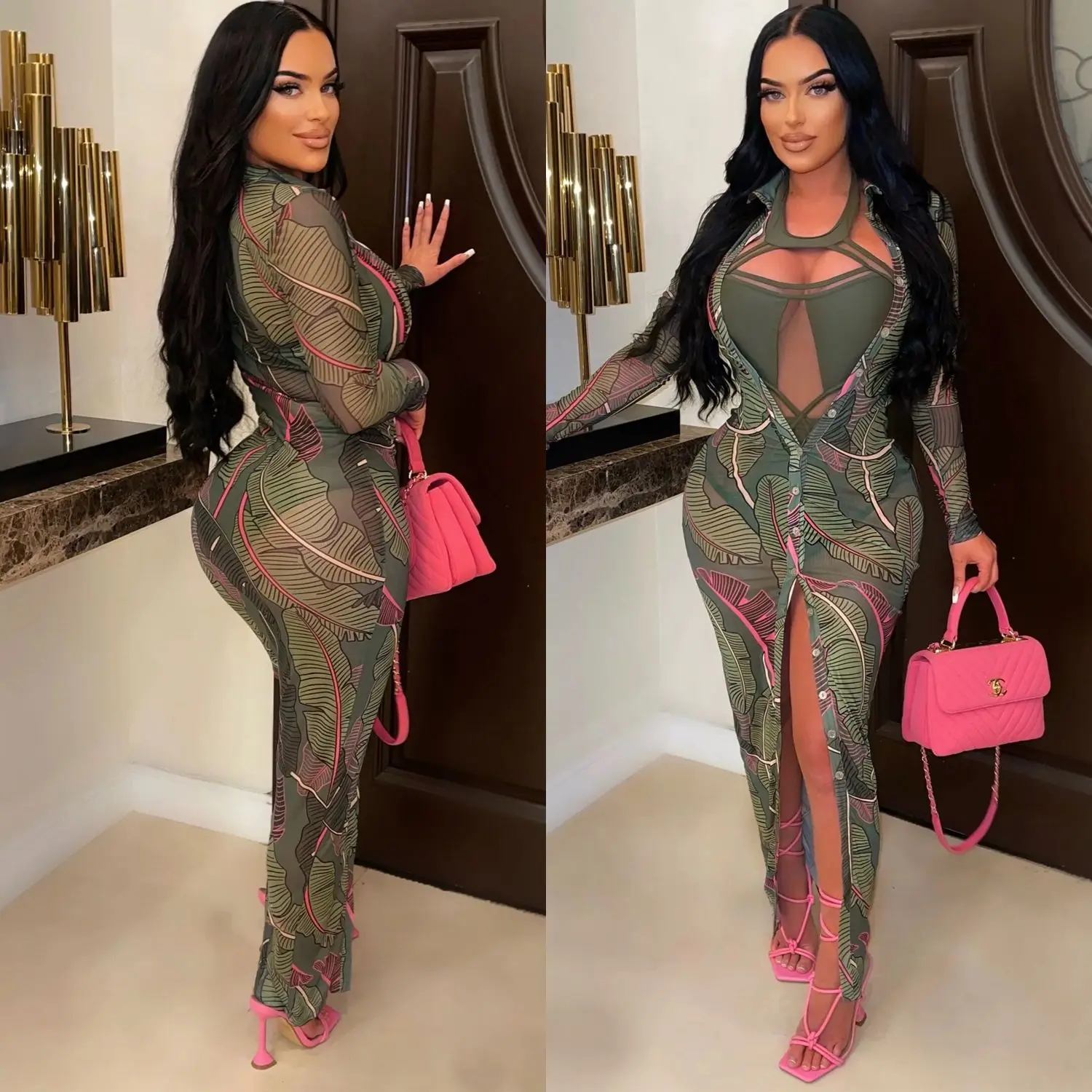Vintage Mesh Long Sleeve Dresses Women Slim Bodycon Korean Elegant Spring Summer Button V Neck Beach Wear Maxi Woman Dress
Vintage Mesh Long Sleeve Dresses Women Slim Bodycon Korean Elegant Spring Summer Button V Neck Beach Wear Maxi Woman Dress