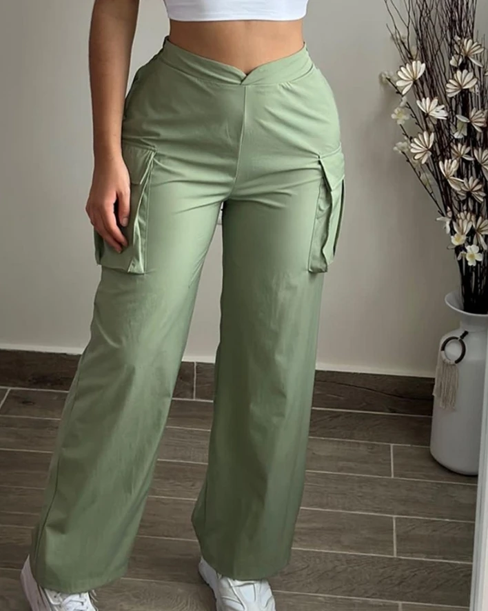 

y2k Women Pants 2024 High Waist Straight Side Pockets Solid Color Casual Trouser Pocket Design High Waist Cargo Pants streetwear