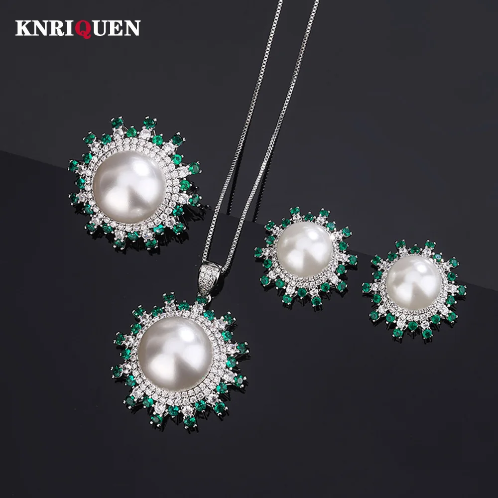 

2023 New 12-16mm White Pearl Gemstone Emerald Pendant Necklace Ring Earrings for Women Wedding Jewelry Sets Lady Gift Statement