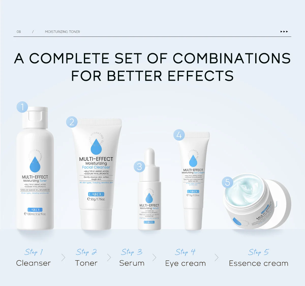 5pcs Multi-Effect Moisturizing Skincare Sets Amino Acids Cleanser Hyaluronic Acid Toner Serum Eye Cream Improve Dry Skin Cream 34