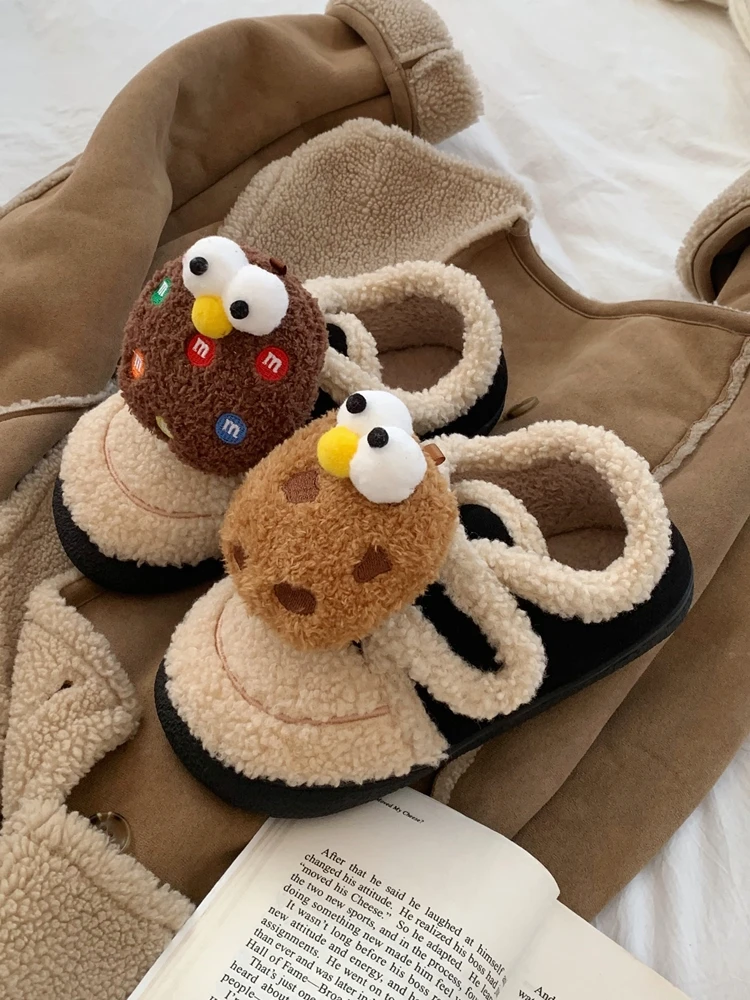 

Cookies Bean Shoes 2024 Winter Man Women Home Slippers Anti Slip Indoor Household Slipper Wear Lamb Wool Cotton Shoes For Women