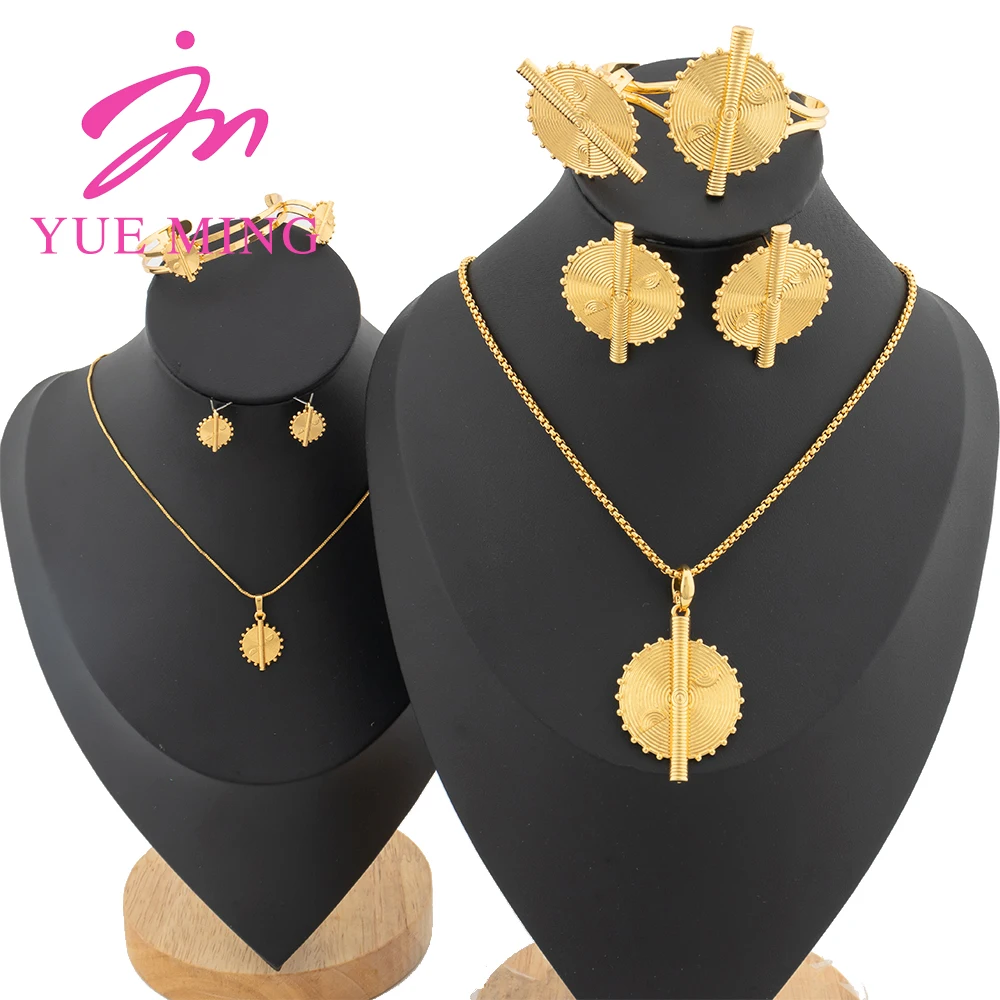 

YM 2Sets Jewelry Set for Women Kid Dubai Gold Plated Luxury Copper Necklace Earrings Cuff Bangles Ring Bride Wedding Party Gifts