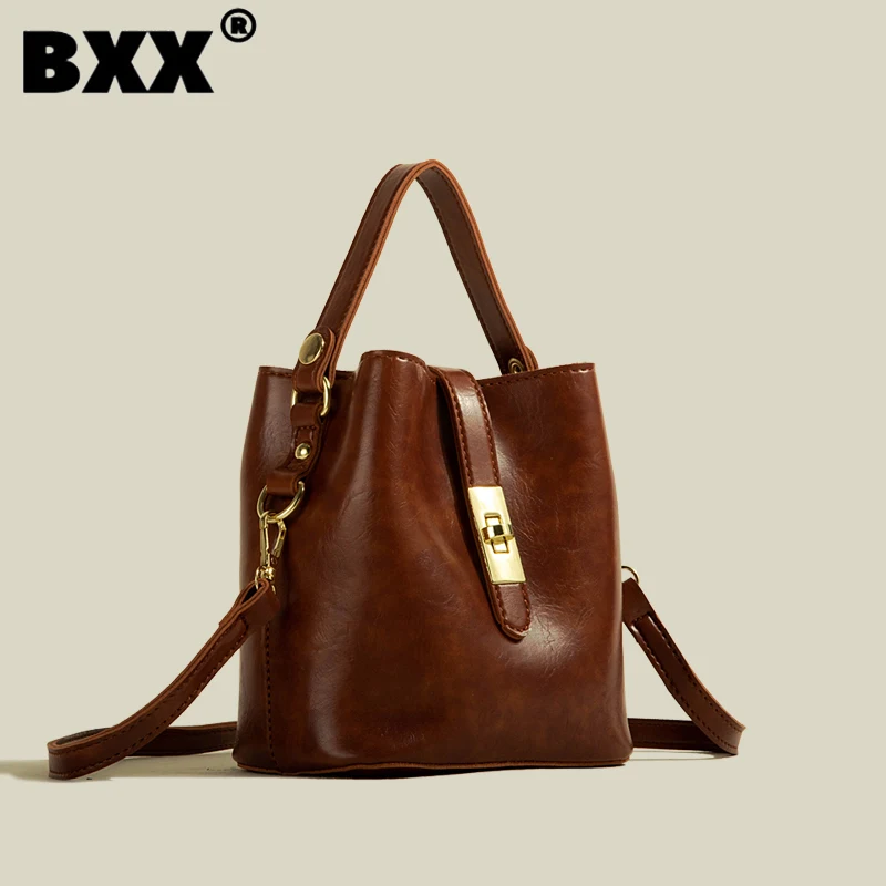 

[BXX] Pu Leather Bucket Bag For Women Vintage Office Lady Solid Color Handbag 2023 New Female One Shoulder Crossbody Bags CY1226