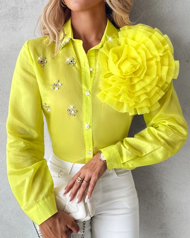 

Fashion Woman Blouse 2024 Spring Rose Detail Rhinestone Turn-down Collar Long Sleeve Tops Casual Daily Versatile Women's Shirt