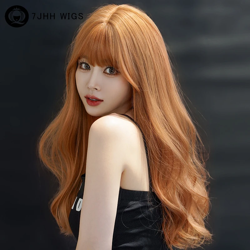 

7JHH WIGS Honey Blonde Wig Synthetic Body Wavy Wig for Women High Density Layered Hair Wigs with Fluffy Bangs Beginner Friendly
