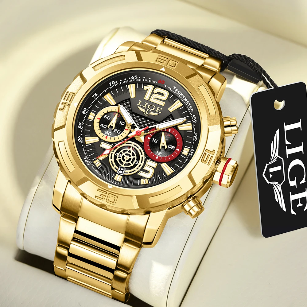 

LIGE Top Band Luxury Gold Chronograph Watch for Men Waterproof Male Wristwatch Auto Date Quartz Men's Watches Relogios Masculino