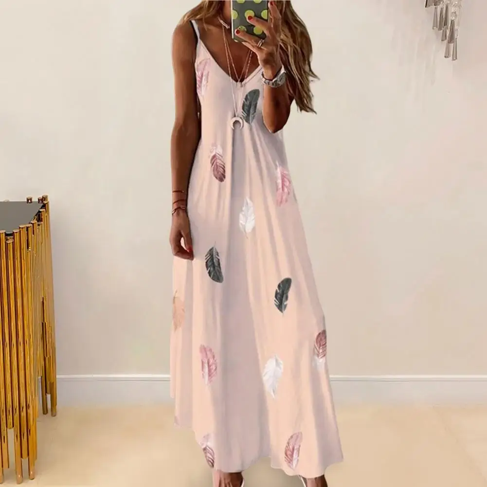 

Feather Print Dress Bohemian Style Feather Print Maxi Dress for Women V Neck A-line Vacation Dress with Retro Contrast Colors