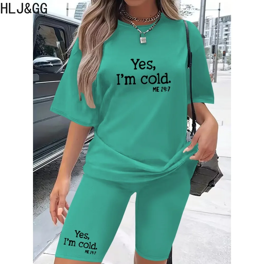 

HLJ&GG Casual Letter Printing Two Piece Sets Women Round Neck Short Sleeve Tshirt + Biker Shorts Tracksuits Female 2pcs Outfits