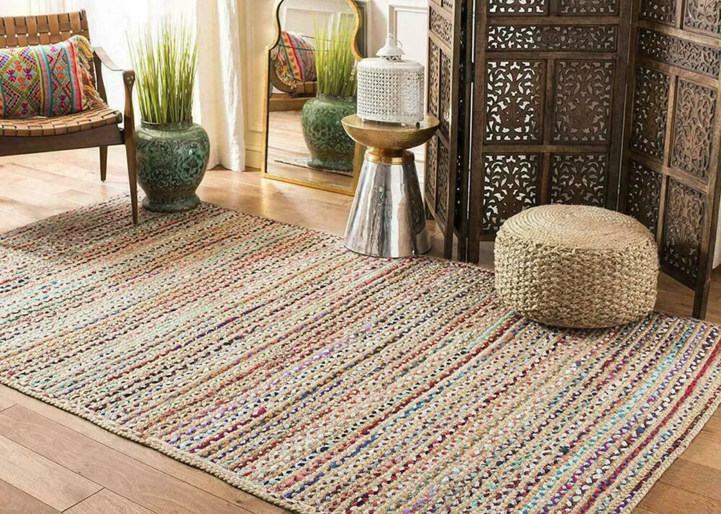 

Rug Jute Cotton Runner Rectangle Carpet Handmade Natural Rustic Look Braided Floor Mat Carpet for Living Room Home Bedroom Decor