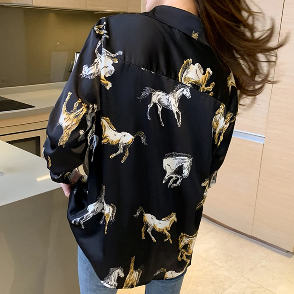 

Dating Leisure Shirt Blouse Horse Print Lapel Retro Single-breasted Smooth Spring Summer Vintage Comfy Fashion