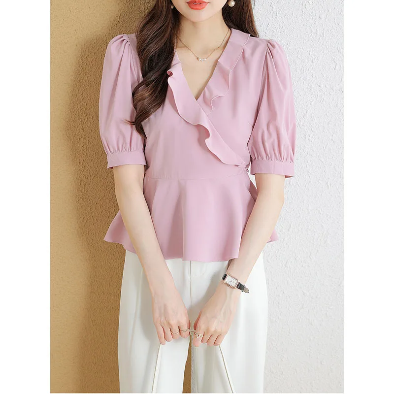 

Summer New Women's Solid Color Pullovers V-Neck Spliced Ruffles Fashion Slim Appear Thin Commuter Short Sleeve Chiffon Tops