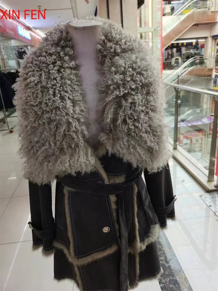 

Sheepskin Coat For Women，Leather ，Winter 2023 Coat Fur For Rabbit Hair Lining Sheepskin Collar Luxurious Long Style