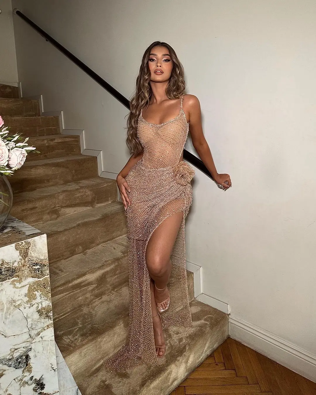 

Oisslec Beaded Prom Dresses Spaghetti Strapless Women Wear Cocktail Party Gowns Backless Sexy Evening Gowns Side Slit Robe Des