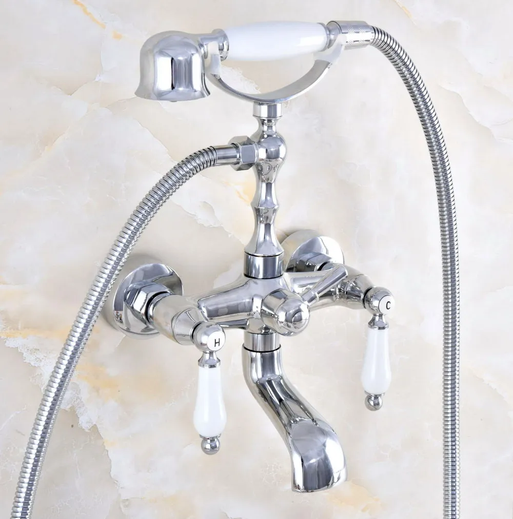 

Polished Chrome Bathroom Dual Ceramic Handles Bathtub Mixer Faucet Clawfoot Tub Mixer Tap with Handshower