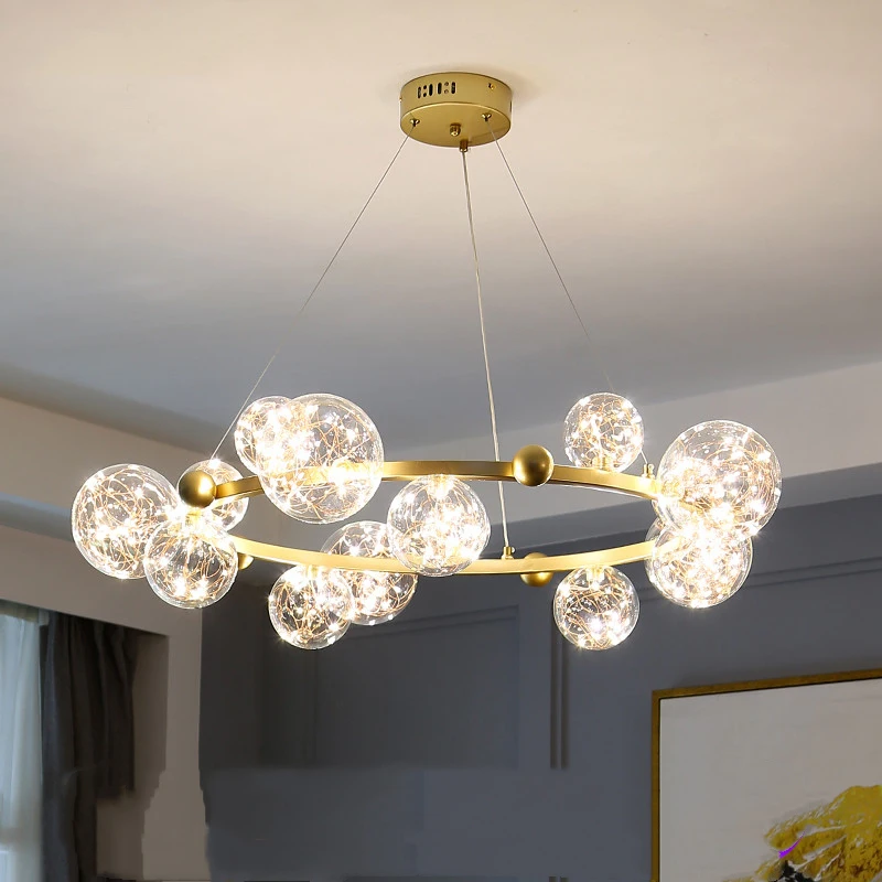 

Morden LED Chandelier for Children's Bedroom Living Dining Room Pendant Ceiling Lamp Gold Clear Glass Bubble Ring Hanghing Light