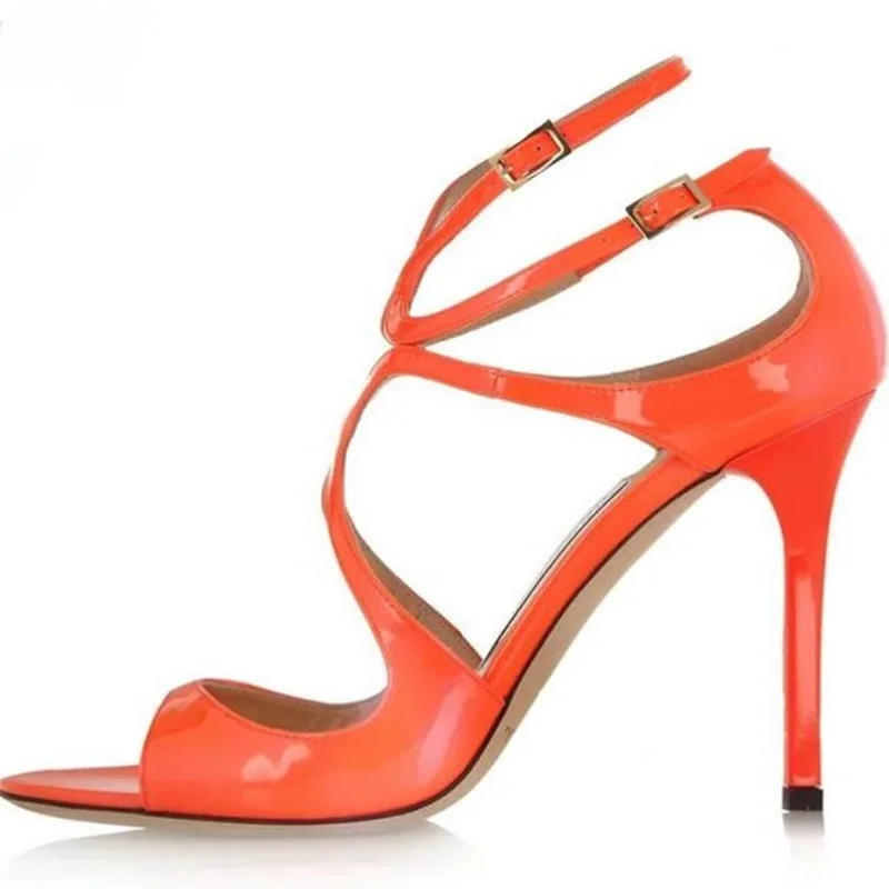 

Элегантные оранжевые женские летние сандалии с пряжкой с открытым носком на тонком высоком каблуке с перекрестными ремешками женские классические туфли новые дизайнерские сандалии