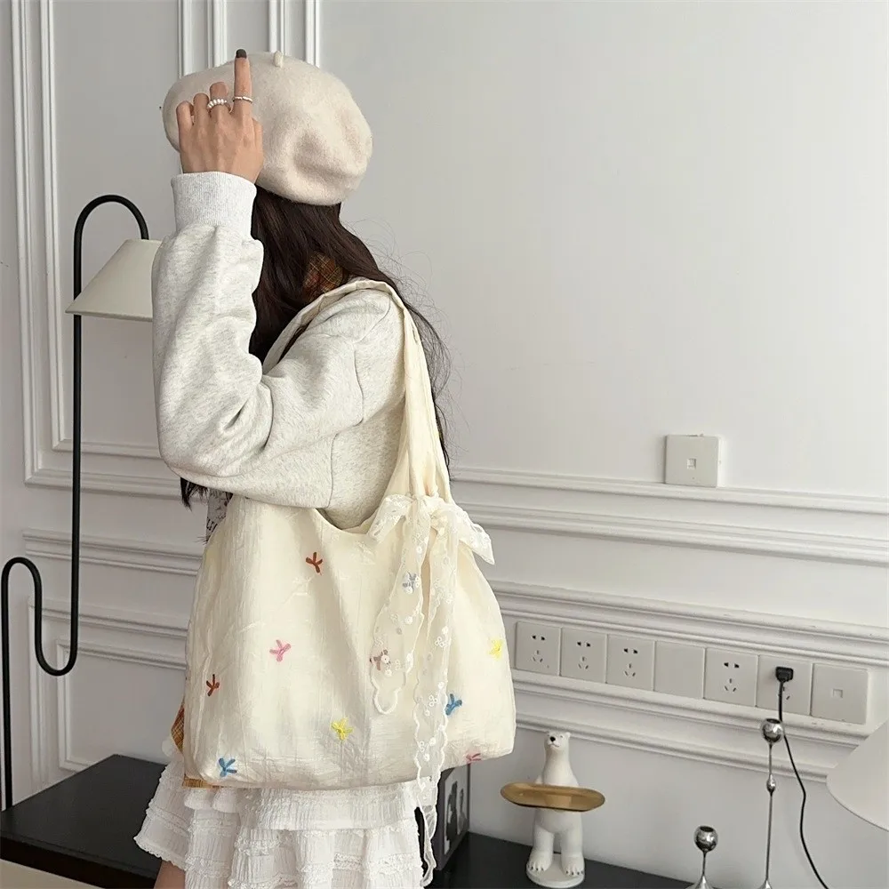 Simple Embroidered Bow Tote Bag Chiffon Solid Color Cherry Shoulder Bag Light Weight Korean Style Canvas Underarm Bag Handbag Simple Embroidered Bow Tote Bag Chiffon Solid Color Cherry Shoulder Bag Light Weight Korean Style Canvas Underarm Bag Handbag