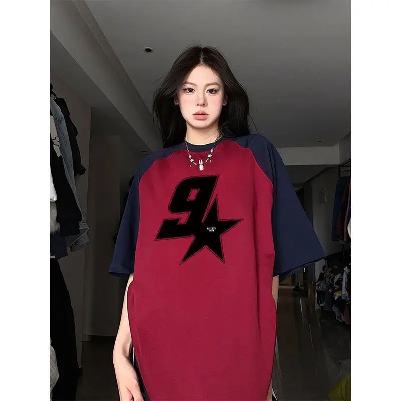 Summer new American style raglan short-sleeved T-shirt for female students loose splicing contrasting simple letter print top
Summer new American style raglan short-sleeved T-shirt for female students loose splicing contrasting simple letter print top
