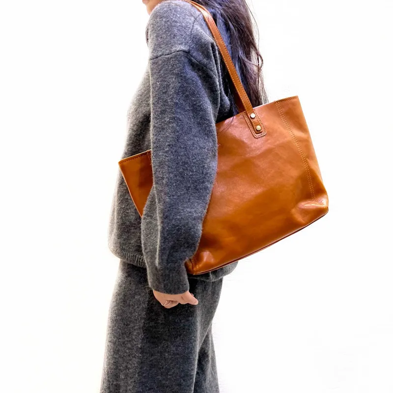 

Luxury Vegetable Tanned Cowhide Tote Bags For Women 2024 Trend Genuine Leather Shoulder Bag Big Capacity Female Designer Handbag