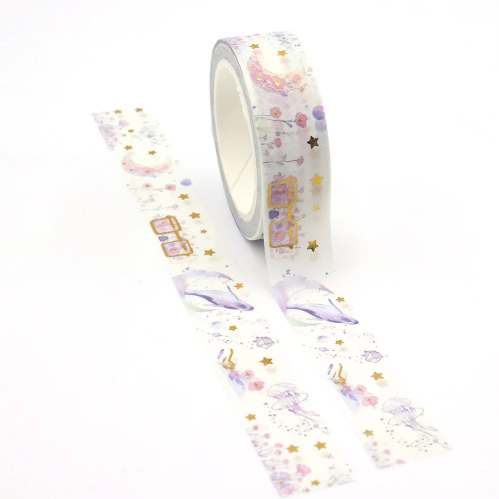 

1PC 15mm x 10m Gold Foil Romantic Floral Star Dolphin Jellyfish Designs Colourful Adhesive Stationery Office Supplies Washi Tape