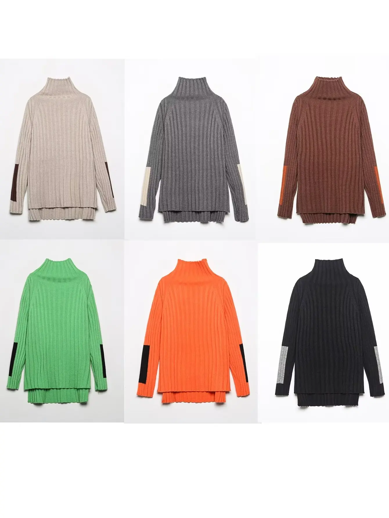 

Women New Fashion Contrast Sleeve Mock Turtleneck Knitted Sweater Retro Long Sleeve All-match Casual Female Pullovers Chic Tops