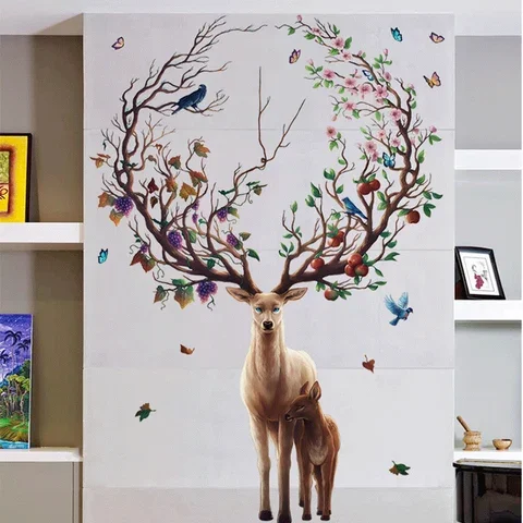 

Large flower deer Living room Background Wall Sticker Home Decoration DIY bedroom Mural art Decals poster reindeer stickers