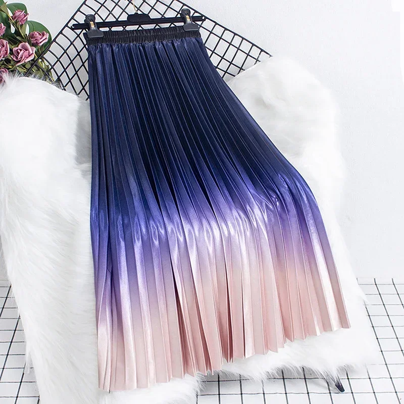 

Gradient Elegant Fashion Skirts Woman New Spring Elastic High Waist Pleated Midi Skirts A-Line Umbrella Skirt Jupe Femme P414