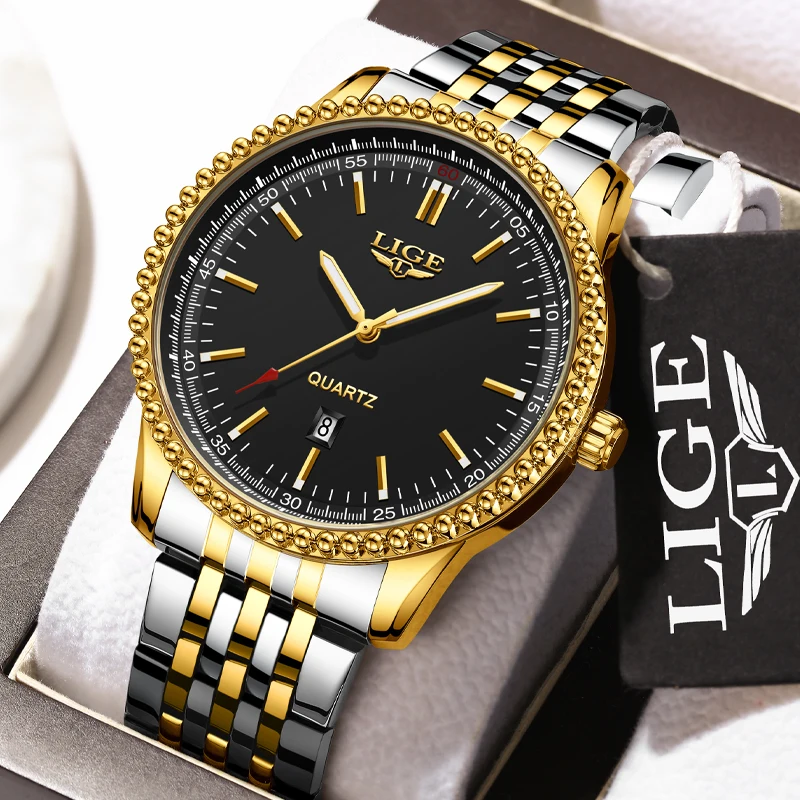 

LIGE 2024 Scale Quartz Watch For Men Diamond Luxury Dual Calendar Man Wristwatch Waterproof Stainless Steel Watches New