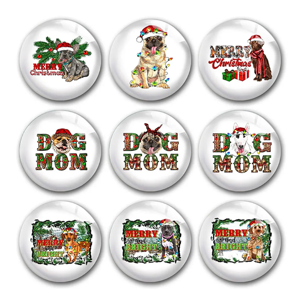 

Merry Christmas Bright Cute Dog Xmas Mom Round Photo Glass Cabochon Demo Flat Back DIY Jewelry Making Supplies Snap Button