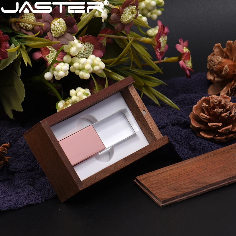 

JASTER USB 2.0 Flash Drive with Wooden Box Crystal Pen Drive Memory Stick Creative Wedding Gift Pendrive 128GB 16GB 32GB 64GB