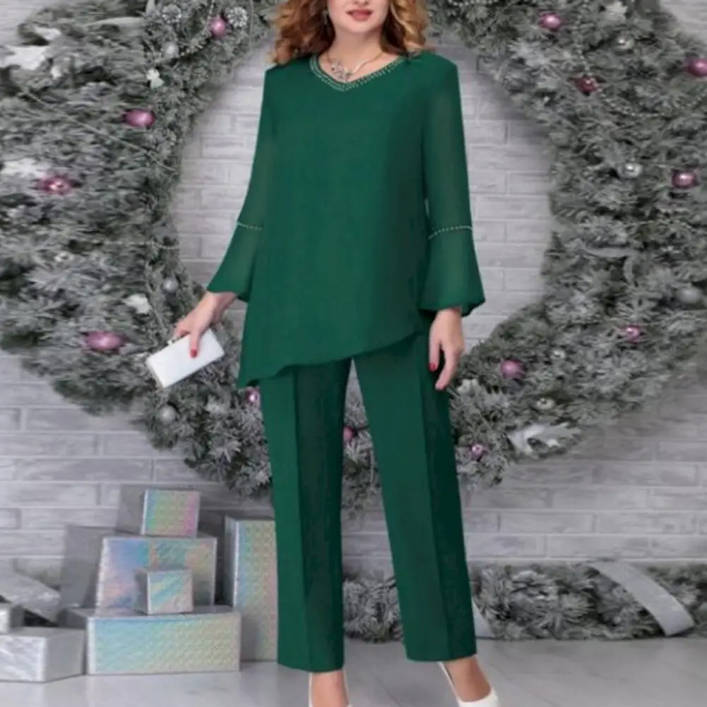 Plus Size Formal Set Rhinestone Decor Women's Top Pants Set with Irregular Hem V Neck Wide Leg Fall Spring Plus Size Solid Color
Plus Size Formal Set Rhinestone Decor Women's Top Pants Set with Irregular Hem V Neck Wide Leg Fall Spring Plus Size Solid Color