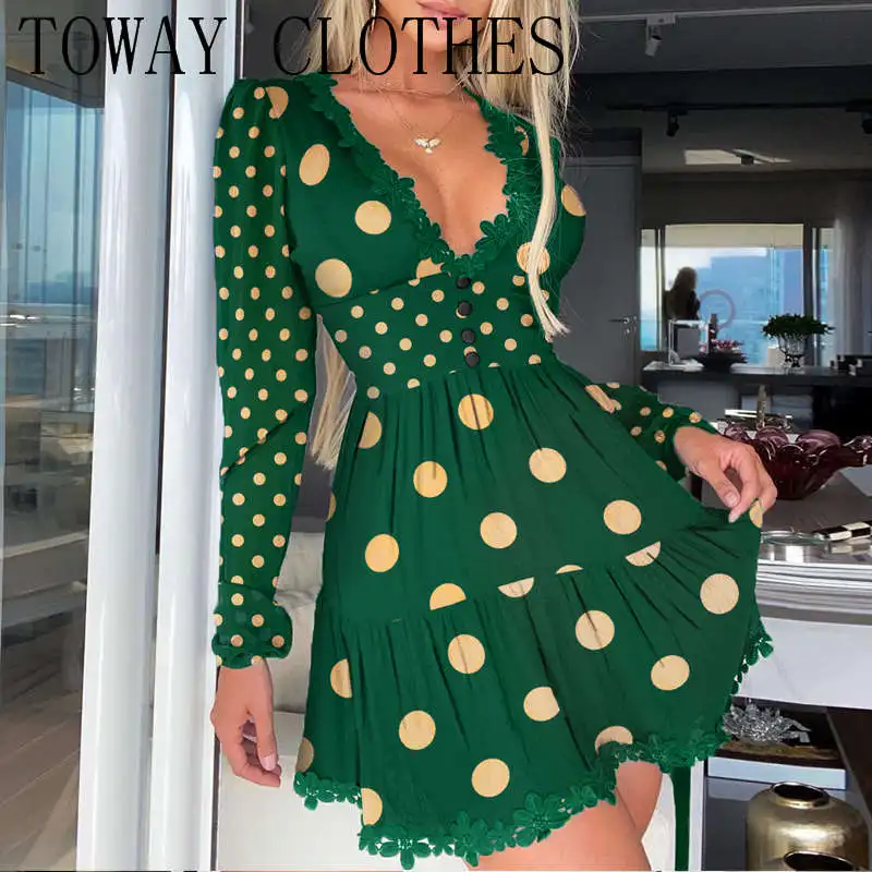 

Women Sexy Plunge Long Sleeve Flared Mini Dress Polka Dot Print Lace Trim Ruched Dress