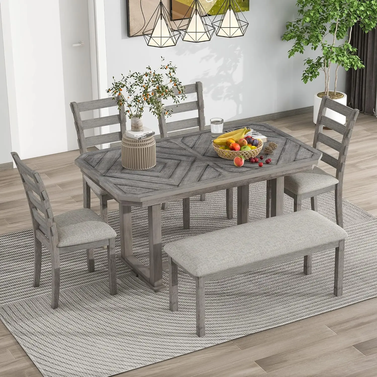 Dining Table Set for 6, 6-Piece Rubber Wood Dining Table Set with Beautiful Wood Grain Pattern Tabletop and Soft Cushion
Dining Table Set for 6, 6-Piece Rubber Wood Dining Table Set with Beautiful Wood Grain Pattern Tabletop and Soft Cushion