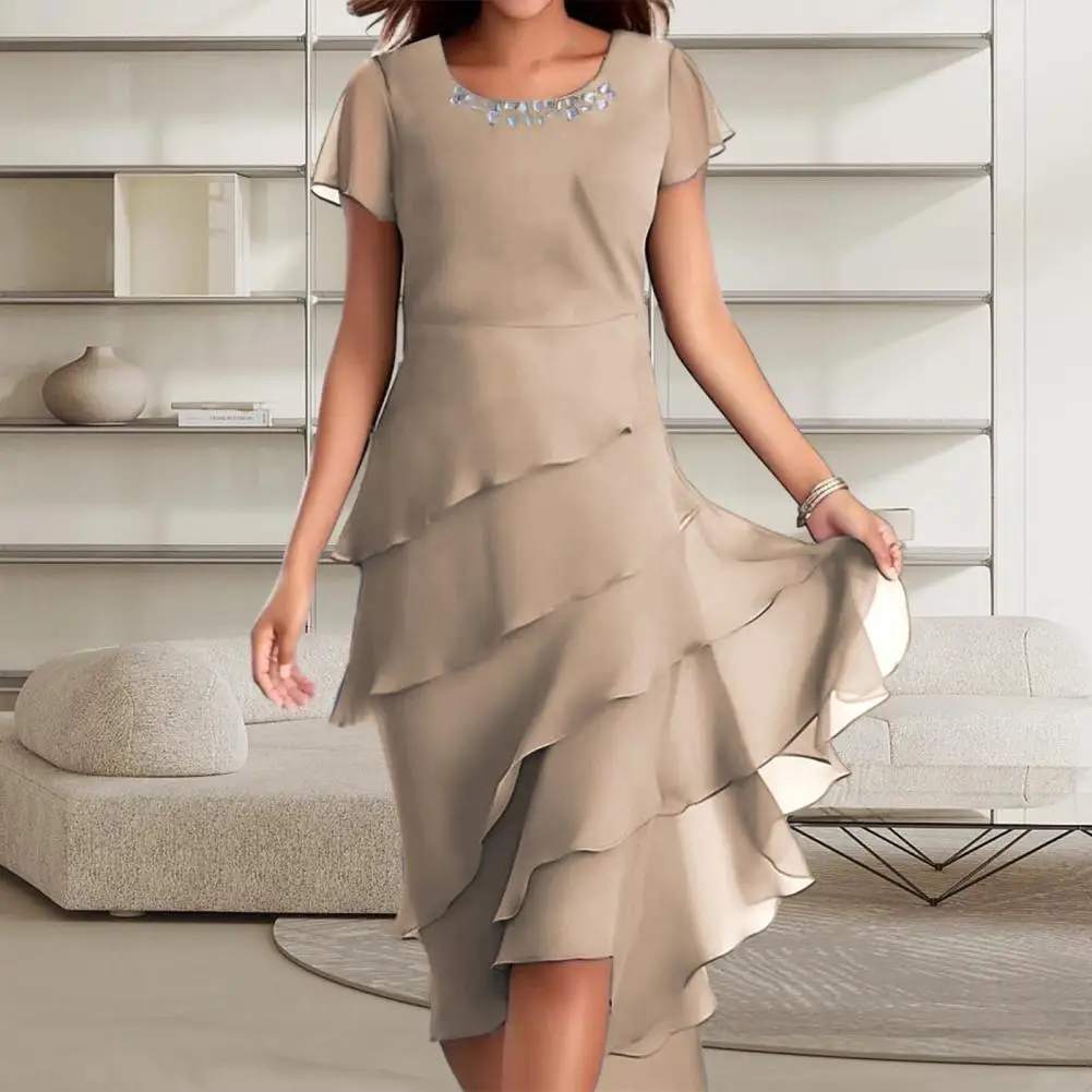 

Женское летнее платье, элегантное платье миди с круглым вырезом и коротким рукавом, украшенное бусинами, многослойное шифоновое платье с цветочным подолом
