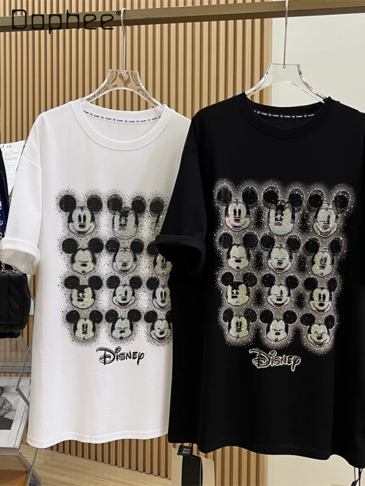 

Heavy Industry Rhinestone Hot Fixed Short Sleeve T-shirt Women 2024 Summer Round Neck Cartoon Printed Mid-Length Loose Black Top