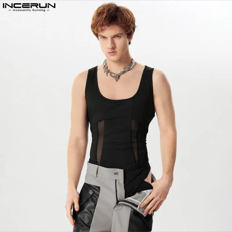 

INCERUN 2024 Sexy Men's Homewear Mesh Splicing Deconstructive Design Jumpsuits Fashion Thin Triangle Sleeveless Bodysuits S-5XL