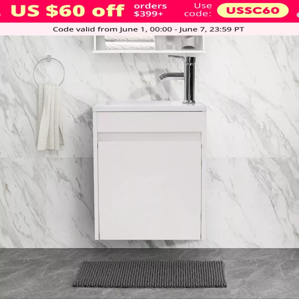 16” Bathroom Vanity Sink Combo, Wall Mounted Cabinet Set Design, Resin Basin Sink Top Chrome Faucet, Samll Bathroom Vanity 
16” Bathroom Vanity Sink Combo, Wall Mounted Cabinet Set Design, Resin Basin Sink Top Chrome Faucet, Samll Bathroom Vanity