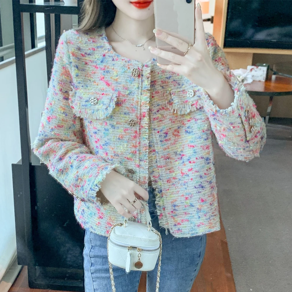 Куртка женская твидовая в винтажном французском стиле, маленький аромат, повседневная короткая верхняя одежда, жакет радужного цвета, весна-осень
Куртка женская твидовая в винтажном французском стиле, маленький аромат, повседневная короткая верхняя одежда, жакет радужного цвета, весна-осень