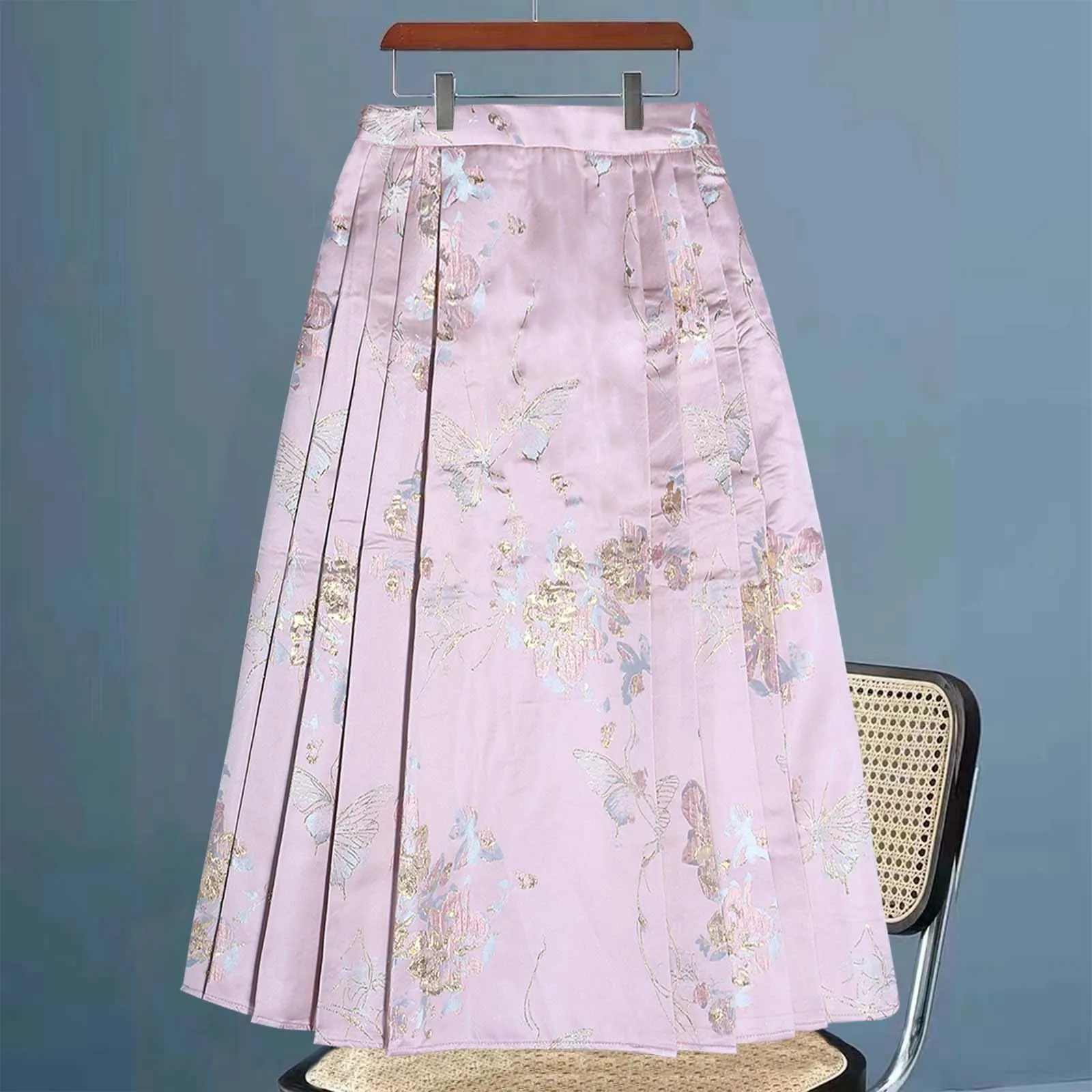 

Women's Fashion New Chinese Light National Style Skirt Spring Retro Zen Horse Face Skirt Blue Pleated Ruched Skirts for Women